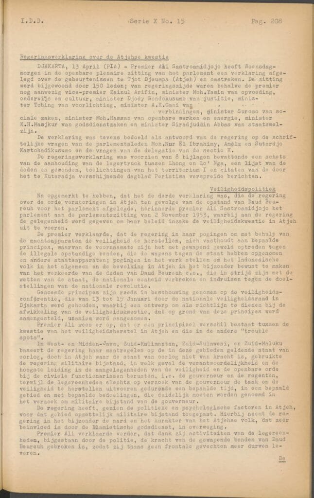 ANP-ANETA 15 April 1955. Fonti Coeve Olandesi. Questione Aceh.