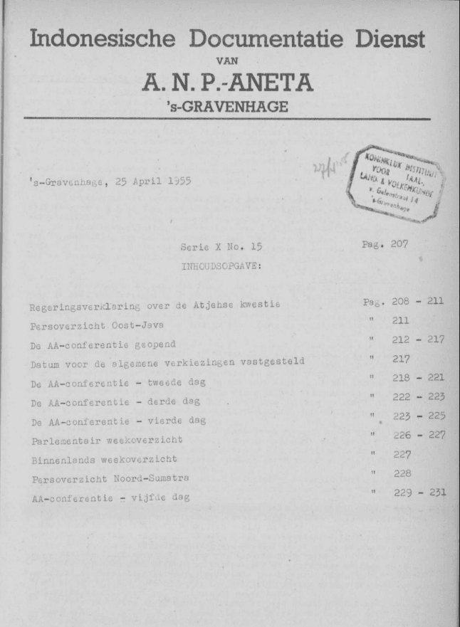 ANP-ANETA 15 April 1955. Fonti Coeve Olandesi. Questione Aceh.