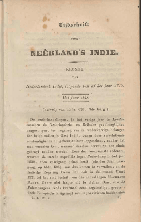 Tijdschrift Voor Nederlandsch Indië (1842). Fonti Coeve Olandesi. Palembang 1821.