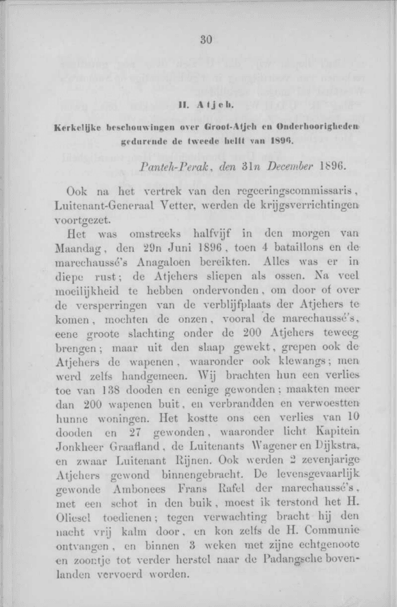 Kerkelijke beschouwingen over Groot-Atjeh en Onderhoorigheden gedurende de tweede helft van 1896, Berichten uit Nederlandsch Oost-Indie, III, 1897. Padre Verbraak. Guerra di Aceh. Gesuiti. Colonialismo olandese.