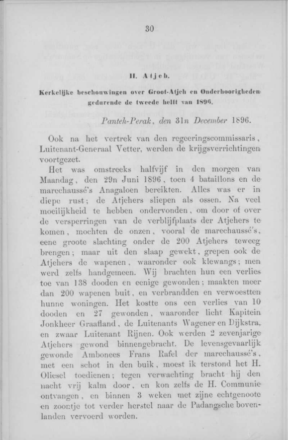 Kerkelijke beschouwingen over Groot-Atjeh en Onderhoorigheden gedurende de tweede helft van 1896, Berichten uit Nederlandsch Oost-Indie, III, 1897. Padre Verbraak. Guerra di Aceh. Gesuiti. Colonialismo olandese.