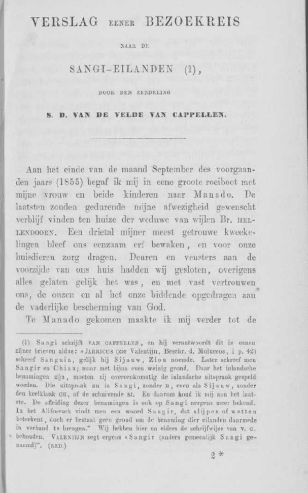 Mededeelingen van wege het Nederlandsche Zendelinggenootschap, Rotterdam, Januari 1857. Verslag eener bezoekreis naar de Sangi-eilanden (1), door den zendeling S. D. van de Velde van Cappellen. Fonti Coeve Olandesi. Missionari Protestanti. Indie Orientali Olandesi.