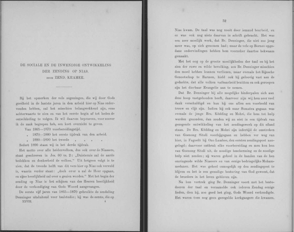 De sociale en de inwendige ontwikkeling der zending op Nias, Door Zend. Kramer, De Rijnsche Zending. Tijdschrift uitgegeven door Het Nederlandsch Hoofdcomité tot bevordering der belangen van het Rijnsche Zendingsgenootschap, onder redactie van J. P. G. Westhoff, 1897. Missioni Protestanti Olandesi. Colonialismo. Indie Orientali Olandesi.