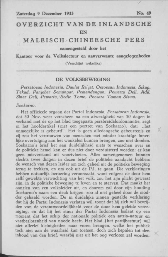 Overzicht van de Inlandsche en Maleisch-Chineesche Pers, 9 dicembre 1933, n. 49. Fonti Coeve Olandesi. Islam Rappresentanza.