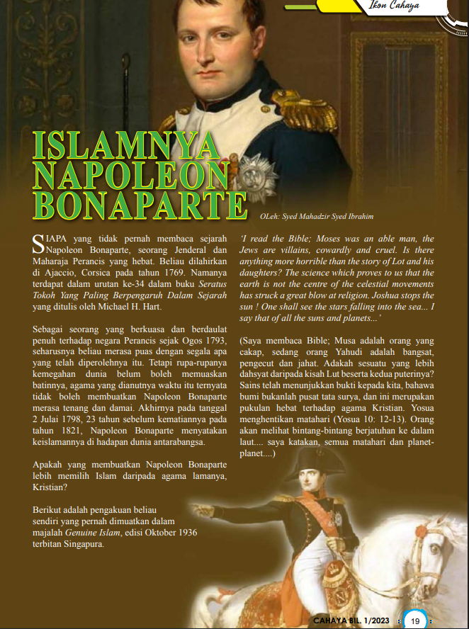 Cahaya. Rivista Islamica Malese. 2023. Fonti Primarie. Retorica Islamica. Napoleone. Islam.