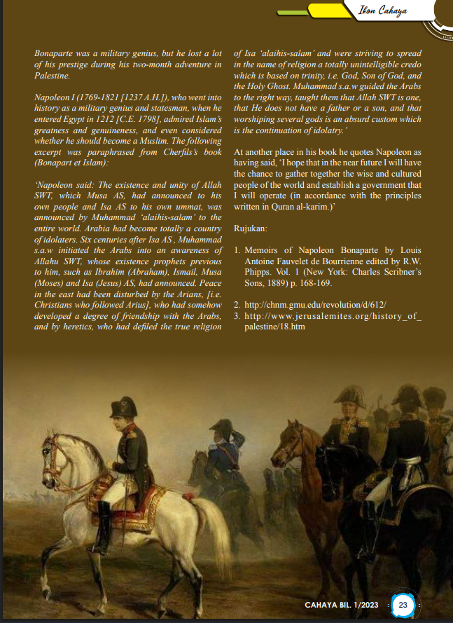 Cahaya. Rivista Islamica Malese. 2023. Fonti Primarie. Retorica Islamica. Napoleone. Islam.