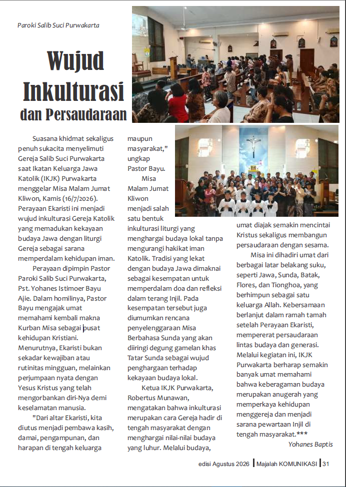Yohanes Baptis, Wujud Inkulturasi dan Persaudaraan, Majalah Komunikasi, Keuskupan Bandung, 550, Agustus 2026, p. 31. Chiesa Cattolica.